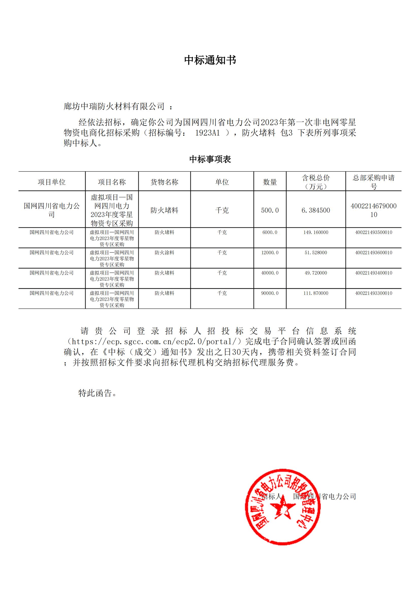 四川中標通知書 四川(chuān)中標(biāo)通知書